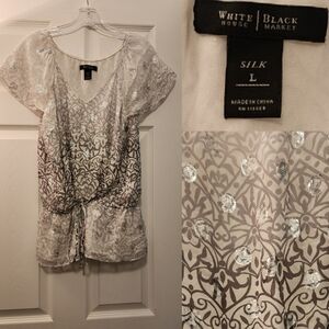 White House Black Market Ombre White & Silver Metallic Peplum Top • V-Neck • L